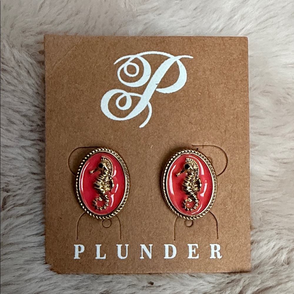 Plunder Pink Coral Seahorse Oval Stud Earrings